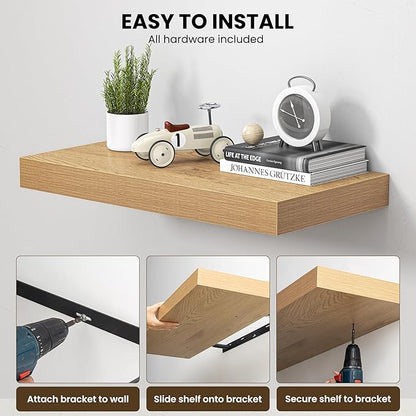 Dreamland 24" Floating Shelves for Wall, 12" Deep Thicker Oak Floating Shelves, Wall-Mounted Shelves for Bedroom, Living Room, Kitchen, Bathroom - Set of 2