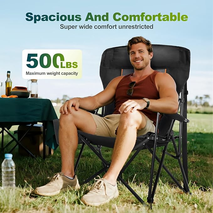 ALPHA CAMP Oversized Folding Camping Chairs for Adults High Backrest Heavy Duty Lawn Chairs Support 500 LBS Portable Camp Chairs with Cup Holders Large Side Pocket Outdoor Chair