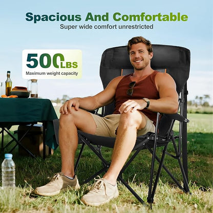 ALPHA CAMP Oversized Folding Camping Chairs for Adults High Backrest Heavy Duty Lawn Chairs Support 500 LBS Portable Camp Chairs with Cup Holders Large Side Pocket Outdoor Chair