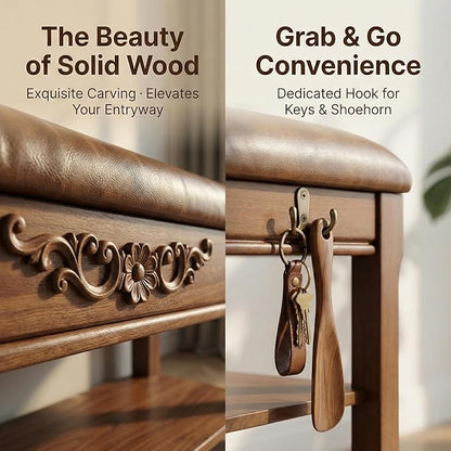 Shoe Rack Bench Entryway Storage with Leather Cushion, Shoe Organizer Bench for Entryway, Front Doors Entrances Hallway,Mudroom,Closet, Bedroom,Solidwood 3 Height-Adjustable Removable Shelve,39.4"