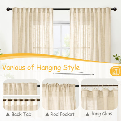 Tan Linen Semi Sheer Curtains 34 X 40 Inch for Kitchen Window (2 Count)