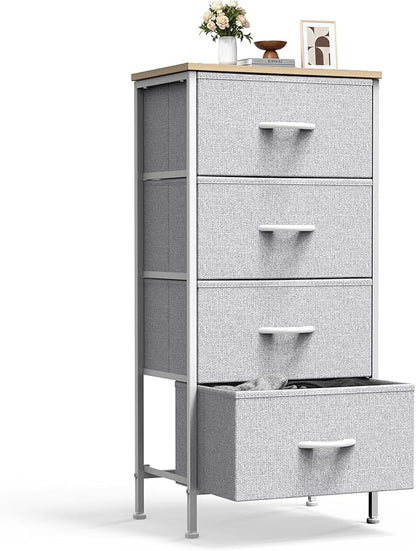 Sweetcrispy Nightstand Small Bedroom Dresser with 4 Fabric Drawers,Bed Side Furniture End Table,Wooden Top Cabinet Night Stand Dresser for Closet,Entryway,Dorm,Light Gray