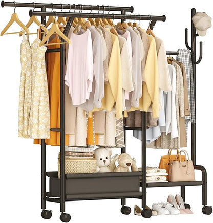 Homeiju Heavy Duty Clothes Rack Load 500LBS, Three Rods Clothing Racks for Hanging Clothes Extendable, Rolling Garment Rack with Sturdy Wheels, Basket, Storage Shelves, Black