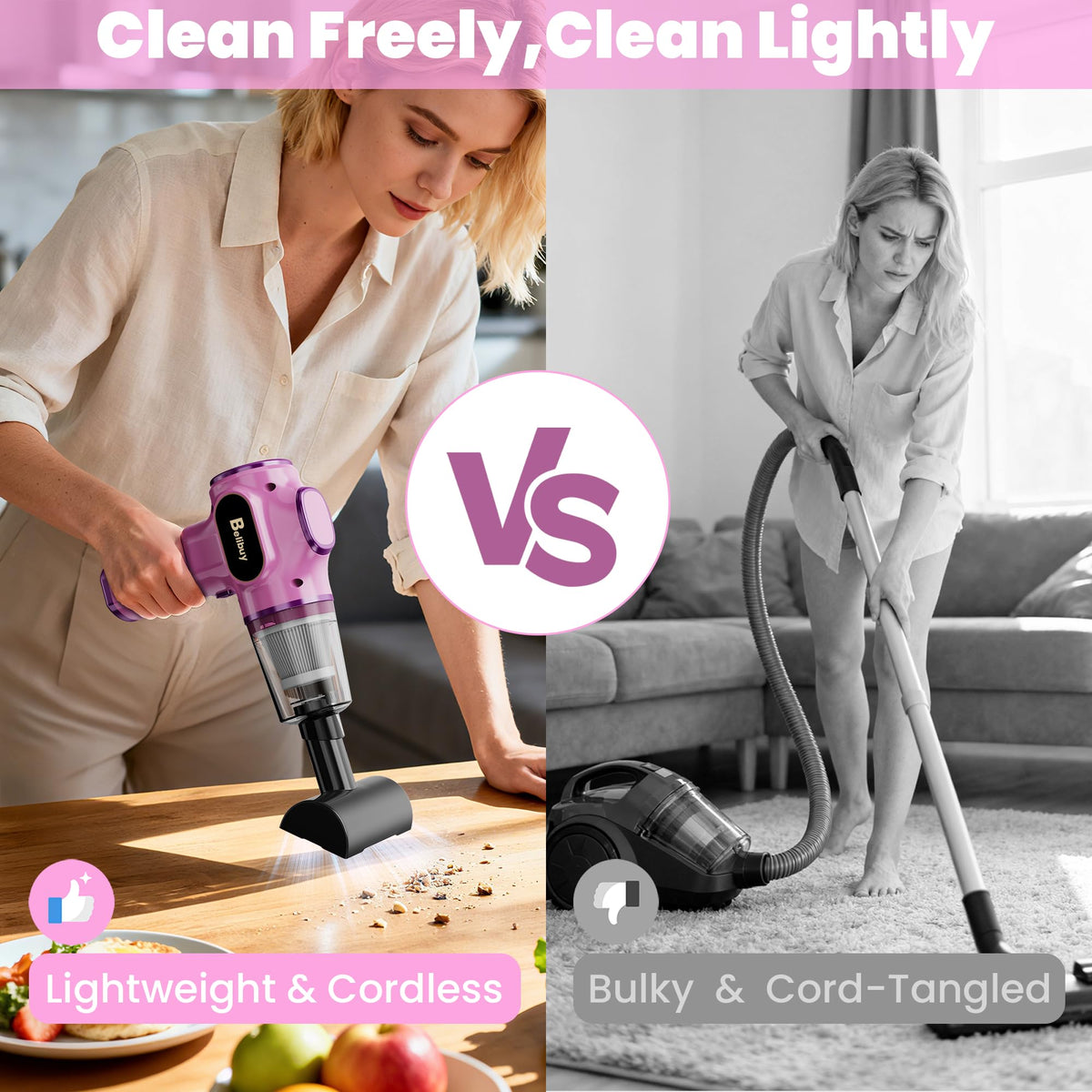 Women Friendly Cordless Pink Car Vacuum Cleaner