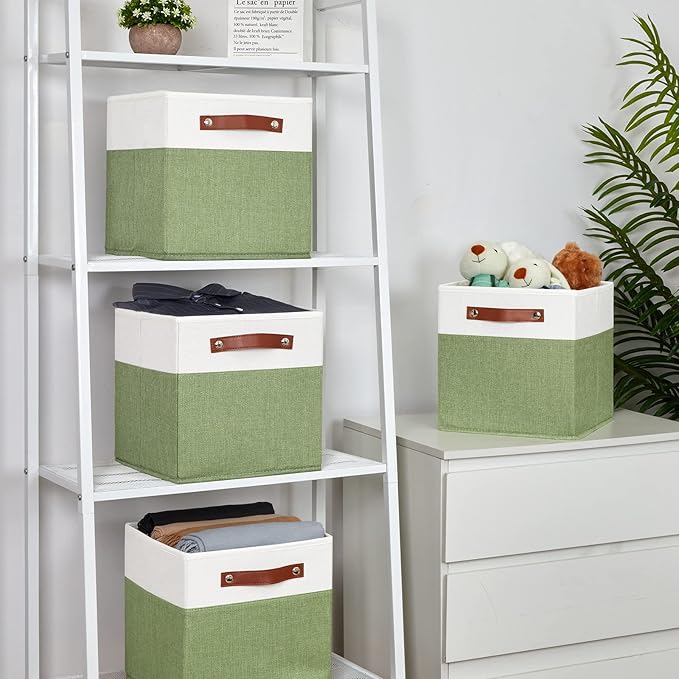 Temary Fabric Storage Bin 11x11 Cube Storage Bins for Home, 4 Pack Fabric Organizer Bins Cube Organizer Bins with Leather Handles Decorative Storage Bins for Shelf (White&Green)