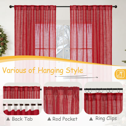 Red Linen Semi Sheer Curtains 84 Inch Length (2 Count)