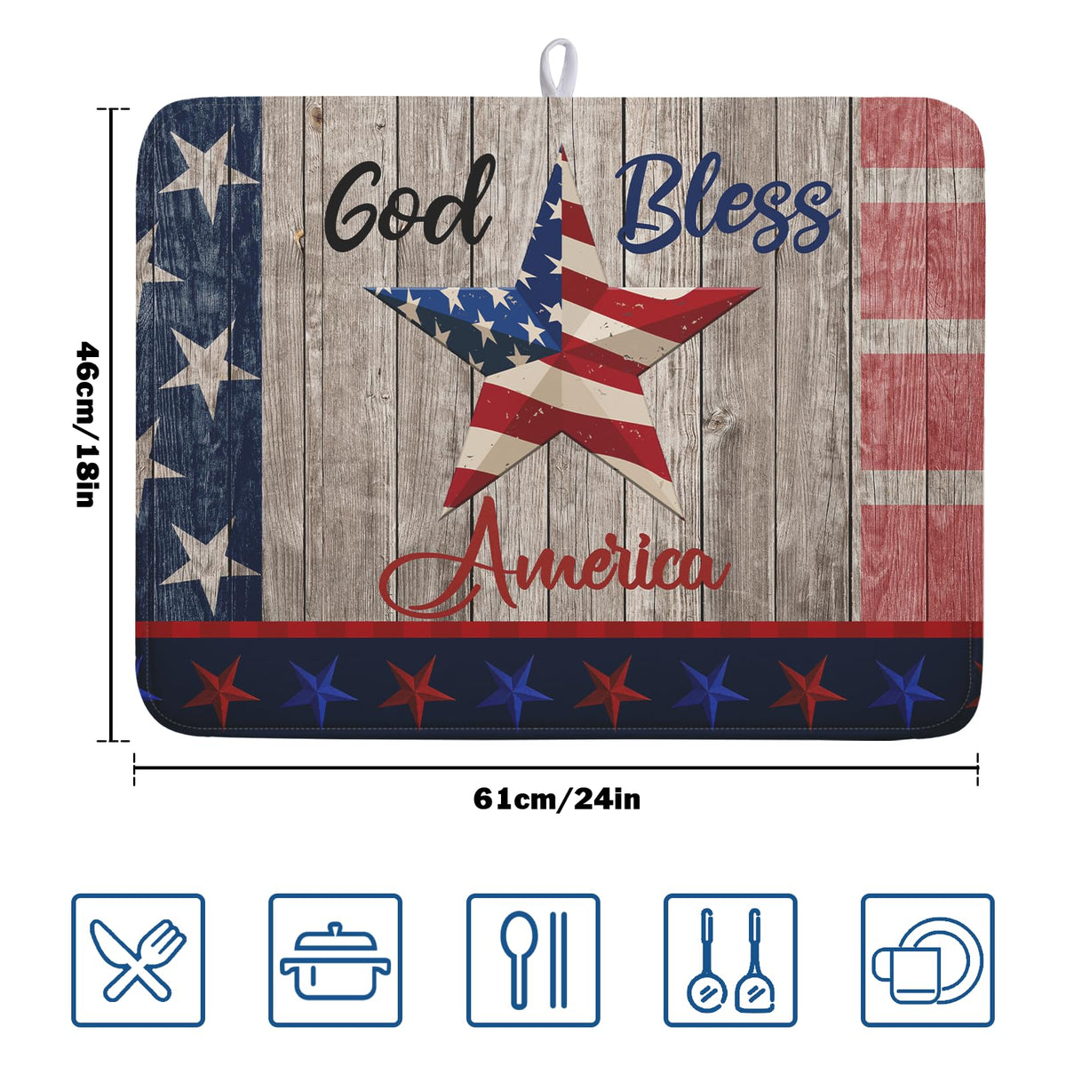 4th of July Dish Drying Mat 18x24 Inch Patriotic God Bless America Memorial Kitchen Mats Independence Day Absorbent Dishes Pad for Kitchen Counter USA Star Drying Mat Home Decor for Countertop