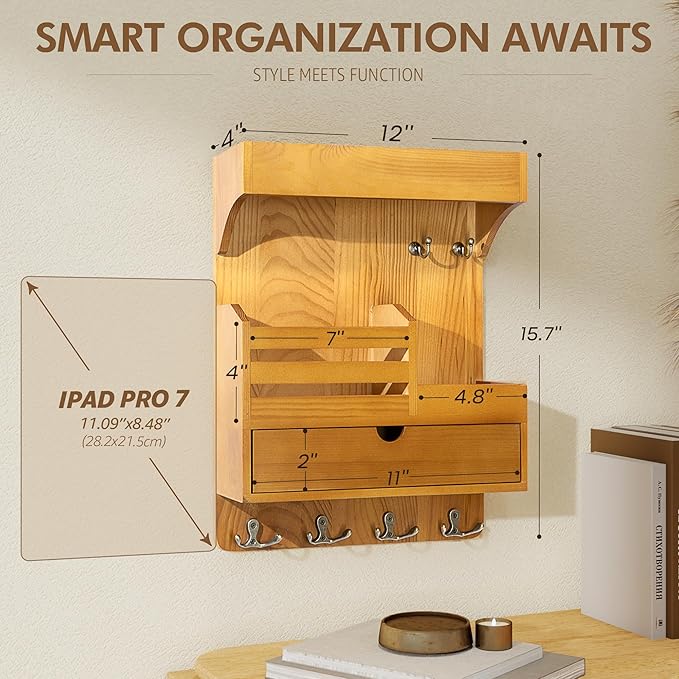 Modern Farmhouse Key Holder Wall Mount with Drawer Organizer – Pine Wooden Mail and Key Organizer with 6 Durable Hooks & Floating Wall Shelf – Ideal for Brightening Up Your Home Decor (Light Brown)