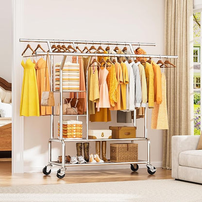 Heavy Duty Clothes Rack - Rolling Clothing Racks for Hanging Clothes Load 630 LBS, Double Rod Metal Garment Rack With Storage Shelf, Portable Wardrobe Racks with Wheels
