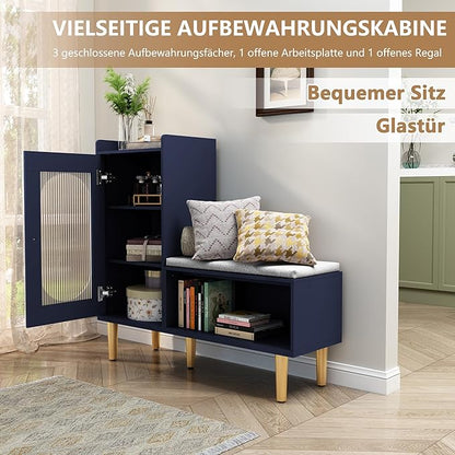 HLR Storage Bench with Glass Door&Shelf, Modern Entryway Shoe Cabinet Bench with Padded Seat, Blue L-Shaped Storage Cabinet for Hallway, Bedroom, Living Room, Office