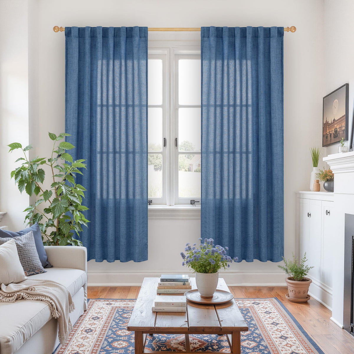 Navy Blue Linen Curtains Light Filtering (2 Count)