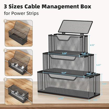 Marbrasse 3 Pack Cable Management Box, Metal Mesh Cord Organizer Box for TV Wires, Electrical Hiding, Power Strip – Under Desk Cable Storage Box with Cable Clips&Reusable Cable Ties for Home/Office