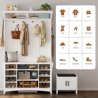 IRONCK Hall Tree with Bench and Shoe Storage, 6-in-1 Entryway Bench with Coat Rack, Adjustable Shelf, Hanging Hooks, 11 Shoe Cubbies, 2-Tier Top Storage, for Entryway, Bedroom, Living Room, White