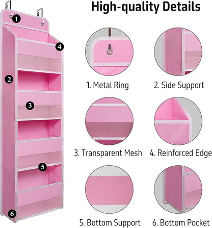 Giraffe Creation Compact Pink Over Door Organizer with 4 Large Clear Pockets, Compact Hanging Door Storage for Nursery, Bedroom, Bathroom, Closet, Baby Essentials