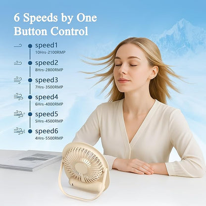 USB Desk Fan, Rechargeable Small Quiet Portable Fan, 180° Folding 6 Speeds Strong Wind Table Fans with Brushless Motor, Mini Desktop Personal Fan for Office/Bedroom, Gifts for Women/Men/girls (Beige)