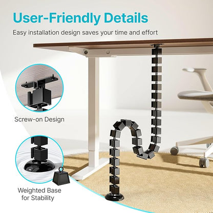 PEGZONE Under Desk Cable Management Spine, Flexible Cable Snake Organizer for Standing Desk, Screw Mounted Vertebrae Wire Management for Table, Black