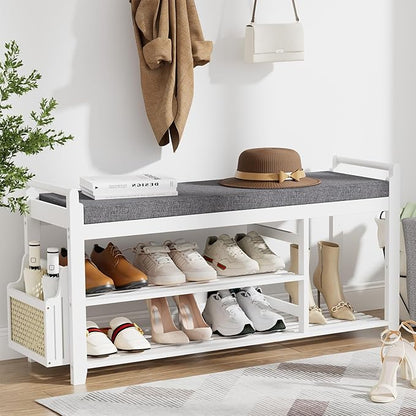 Homaxy 2-Tier Shoe Rack Bench with Side Holder, 39.4 in Bamboo Entryway Bench, Shoe Rack Organizer with Cushion for Front Entrance, Hallway Living Room Bedroom, White and Dark Grey