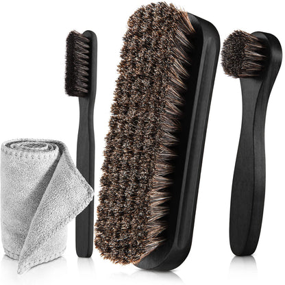 4 Pcs Horsehair Shine Shoes Brush Kit Polish Dauber Applicators Cleaning Leather Shoes Boots Care Brushes Suede Cleaner Brush with Microfiber Shoe Cloth (3.25 Count)