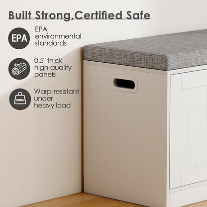 3-Tier Shoe Storage Bench with Adjustable Shelf, Large Capacity Entryway Shoe Bench with Thickened Padded Seat Cushion and 3 Doors for Entry, Bedroom, Hallway (White,42.5 * 14in)