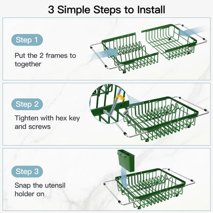 Green Dish Drying Rack Over the Sink with Utensil Holder