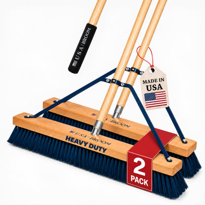 2-Pack - 24" Heavy Duty Outdoor Push Broom with 60" Handle. Ideal for Asphalt, Concrete & Heavy Debris. Durable American Made Steel Brackets-Stainless Steel Hardware. No Plastic. 100% USA Made