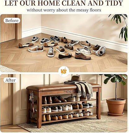 Shoe Rack Bench Entryway Storage with Leather Cushion, Shoe Organizer Bench for Entryway, Front Doors Entrances Hallway,Mudroom,Closet, Bedroom,Solidwood 3 Height-Adjustable Removable Shelve,23.6"