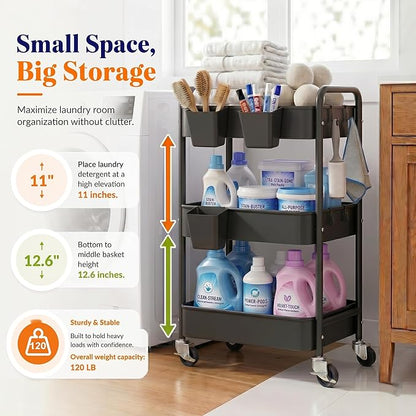 3 Tier Rolling Cart Metal with Wheels, Black Three Tiered Art Cart Organizer on Wheels, Storage Utility Trolley Carts for Kithcen, Craft, Nail, Lash, Makeup, Salon,Bedside, Bathroom, Office, Snack