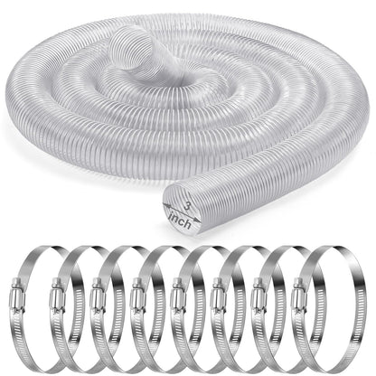 3 Inches 30 ft PVC Dust Collection Hose with Stainless Steel Hose Clamps Set Flexible Clear Vacuum Hose Puncture Resistant Fume Hose for Vacuums Cleaner Fume Dust Collection System