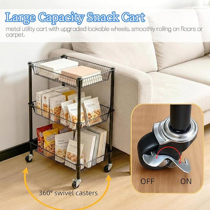 Pantry Organizer and Storage Shelves Kitchen Cart for Fruit Vegetables, 3 Tier Utility Cart with Wheels, Onion Potato Storage Basket Thicken Metal Trolley for Laundry Bathroom, Black