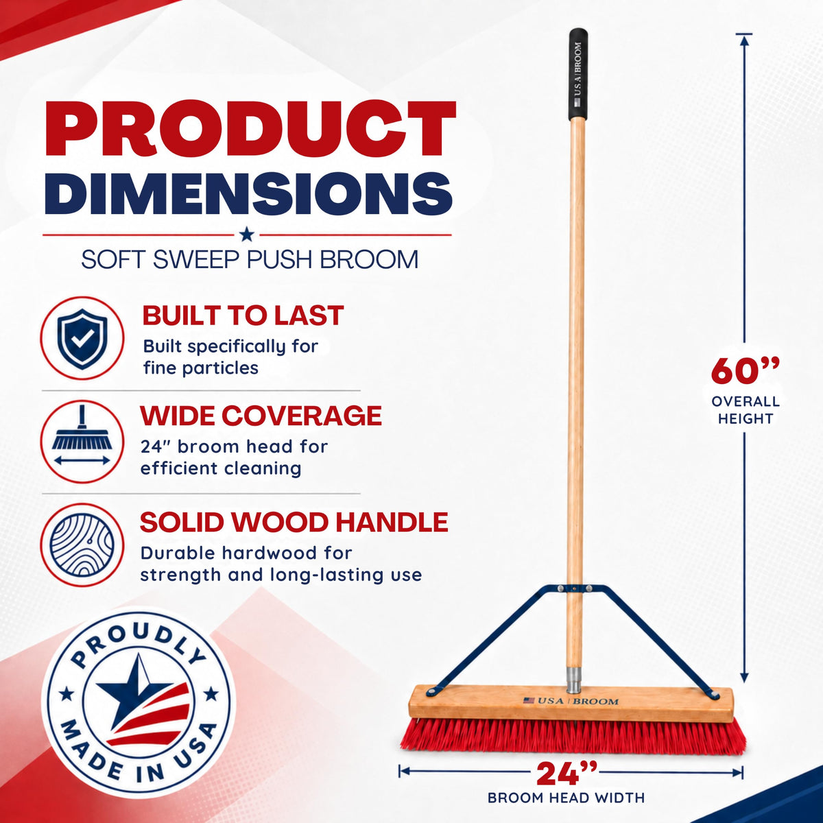 2-Pack - 24" Soft Sweep Indoor Push Broom with 60" Handle. Ideal for Epoxy & Polished Floors. Durable American Made Steel Brackets-Stainless Steel Hardware. No Plastic. 100% USA Made