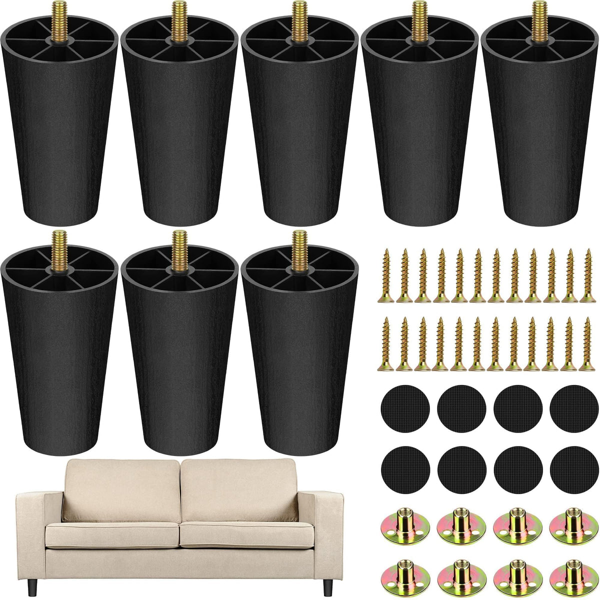 16 Pack 4 Inch Plastic Furniture Legs with M8 T (16 Count)