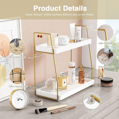 Forbena Bathroom Organizer Countertop, Counter Organizer for Bathroom Decor, Wooden Sink Shelf for Vanity Storage, Makeup Tray for Perfume Skincare Bedroom Kitchen Corner (2 Tier, White and Gold)