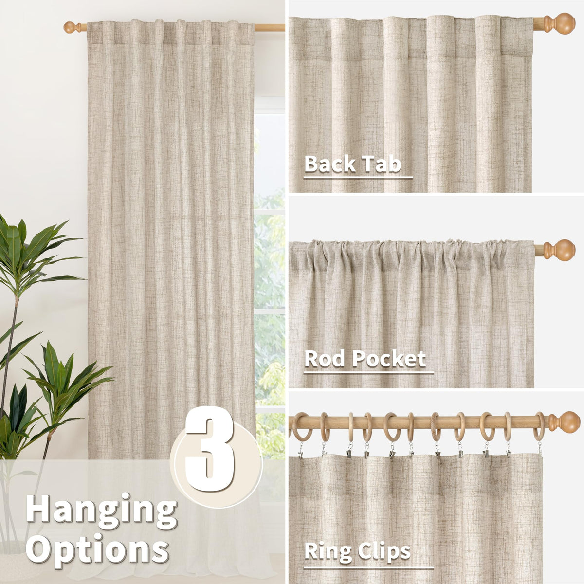 Linen Semi Sheer Curtains 45 Inch Length 2 Panels Set (2 Count)