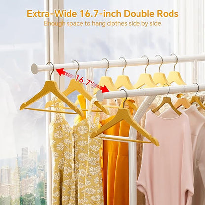 Homeiju Heavy Duty Clothes Rack Load 500LBS, Three Rods Clothing Racks for Hanging Clothes Extendable, Rolling Garment Rack with Sturdy Wheels, Basket, Storage Shelves, White