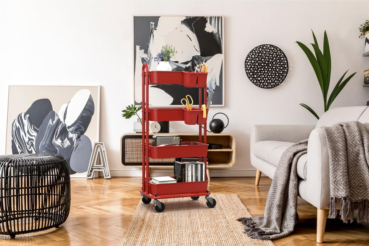 4 Tier Rolling Utility Cart with Hanging Bucket