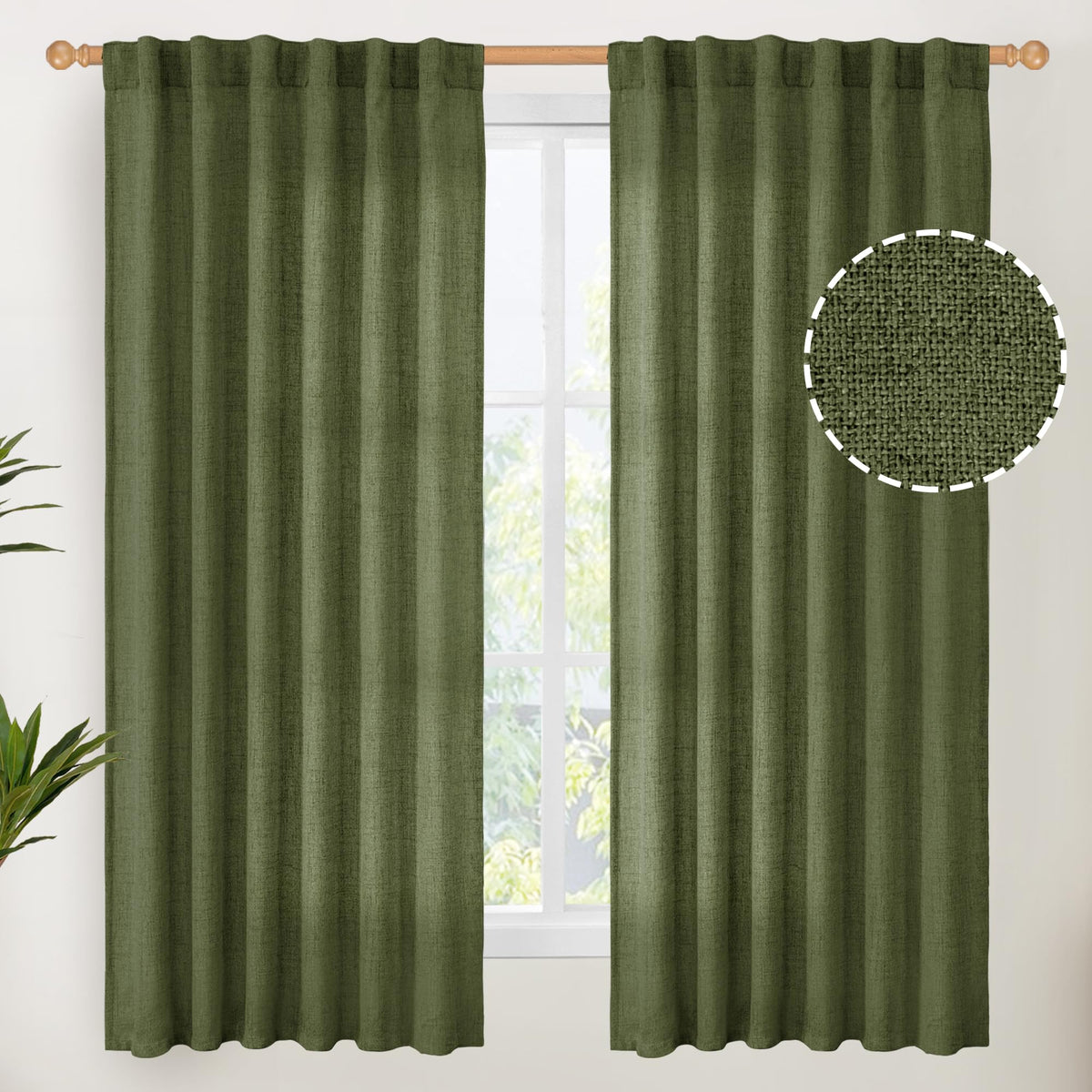 Olive Green Linen Curtains 63 Inch Length for Living Room (2 Count)
