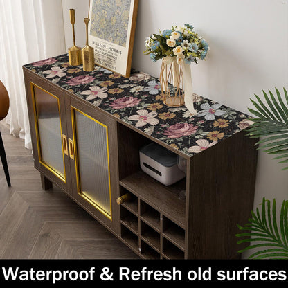 Black Retro Floral Shelf Drawer Liner for Kitchen Non (9.67 Sq Ft)