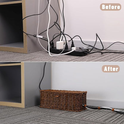 BROWNLILY Cable Management Box, Rattan Style Cord Organizer for Desk Cord Hider Outlet Covers Baby Proofing for Power Strip TV PC Router Charger Under Desk Storage with Lockable Lid and Cable Ties