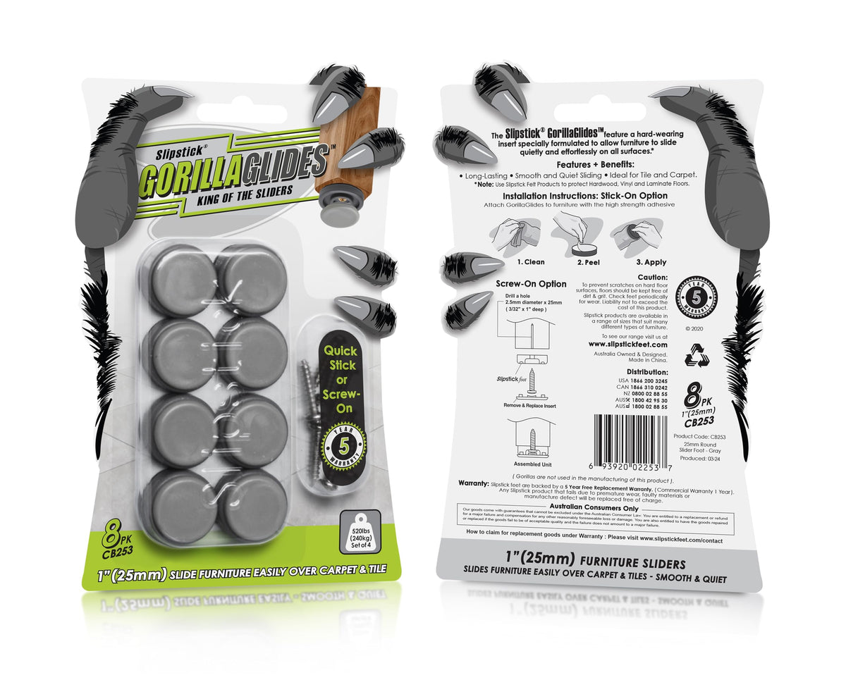 GorillaGlides CB253 1 Inch Chair Sliders (8 Count)