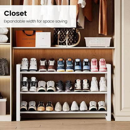 Homeiju Expandable Shoe Rack, 3 Tier Metal Shoe Shelf, Adjustable Shoe Stand for Sneakers, Boots, Heels, Heavy-Duty Steel Standing Shoe Organizer for Entryway, Closet, Bedroom, White
