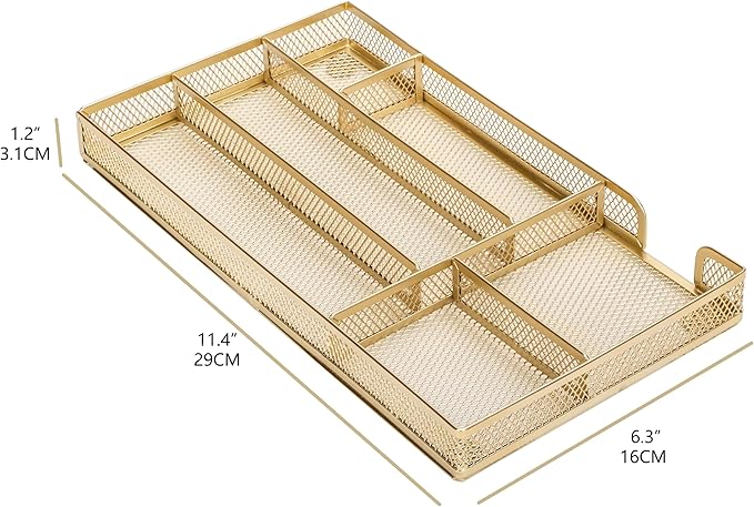 Annova Desk Drawer Organizer Tray for Office Organization - Metal Mesh - Storage Tray with Dividers for Pens, Desktop Accessories, Bathroom, Kitchen, Makeup and Office Supplies (Small, Gold)