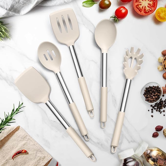 TeamFar Cooking Utensils Set, 5 PCS Silicone Kitchen Utensils with Stainless Steel Handle for Nonstick Cookware Turning Flipping Frying Draining, Heatproof & Healthy, Nonstick & Easy Clean, Khaki