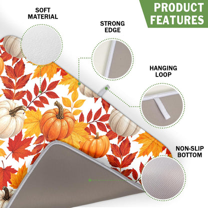 Fall Pumpkin Dish Drying Mat for Kitchen Counter 16x18 Inch Autumn Pumpkins Maple Leaves Drying Mats Thanksgiving Absorbent Reversible Dish Pad Fast Dry Drainer Mat Protector for Countertop Coffee Bar