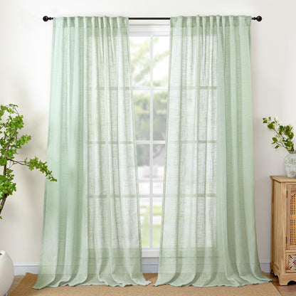 Light Green Linen Semi Sheer Curtains 84 Inch Length for Living Room (2 Count)