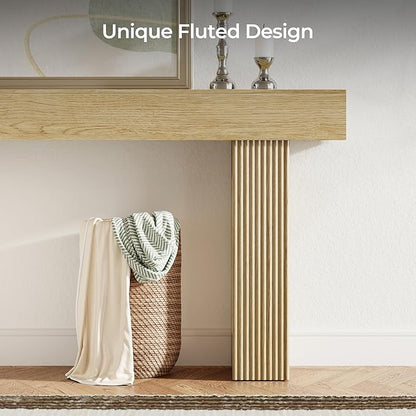 63" L x 33" H x 12" D Fluted Console Table, Modern Japandi Ribbed Entryway Table, Extra Long Sofa Table Behind Couch, Chunky Wood Hallway Table for Living Room, Oak Natural