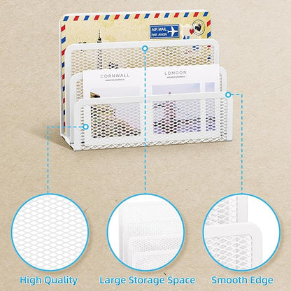 Marbrasse Mail Organizer for Desk, 3-Slot Mesh Metal Mail Holder countertop, Letter Holder, Office Desktop Envelope and Document Storage Rack (White)
