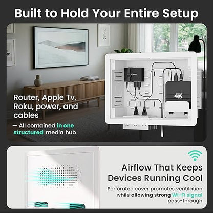 ynVISION.DESIGN 9" Recessed in-Wall Media Box for TV – Flush Wall AV Enclosure with Adjustable Shelf, Cable Straps & Vented Cover – Compatible with Apple TV, Roku & More - Pack of 2