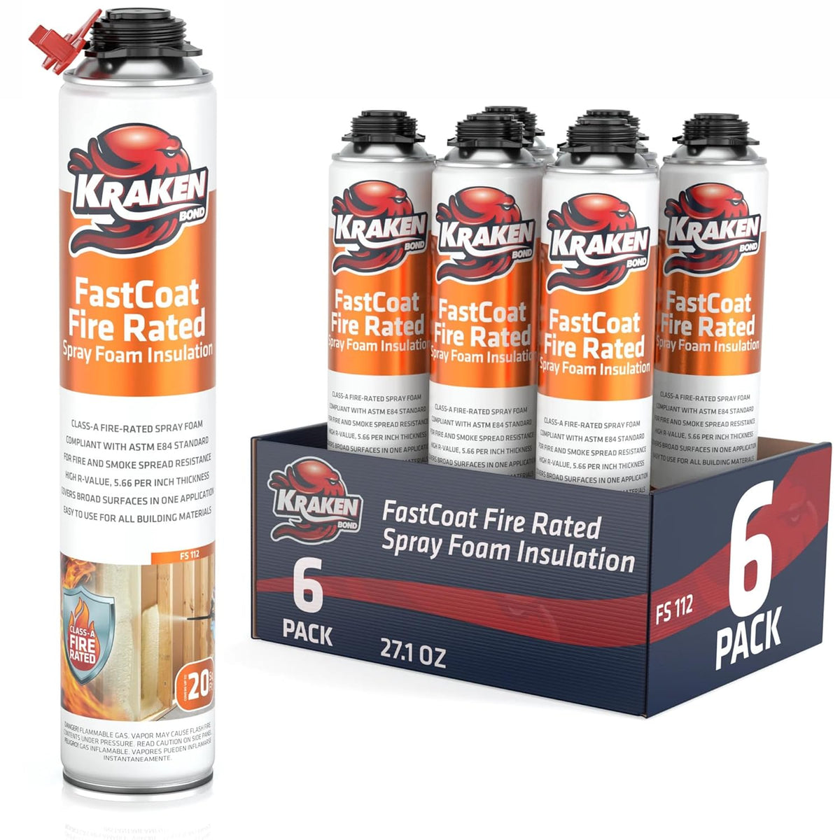 Kraken Bond Fastcoat Fire Rated Spray Foam Insulation Kit Closed Cell in a Can 120 sq ft (6x27.1 oz.) (R-Value 11.32 / 2in) - Spray Foam for Garage Door, Attic, Wall Gun & Cleaner Not Included, 6 Pack