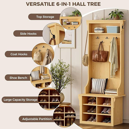 IRONCK Hall Tree with Bench and Shoe Storage, 6-in-1 Entryway Bench with Coat Rack, Adjustable Shelf, Hanging Hooks, 6 Shoe Cubbies, 2-Tier Top Storage, for Entryway, Bedroom, Living Room, Oak