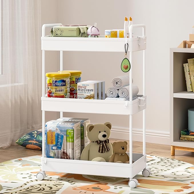 Ronlap 3 Tier Slim Rolling Storage Cart with Wheels Plastic Utility Cart Organizer for Snack Craft Art Postpartum Baby Diaper Nail Makeup in Bathroom Laundry Room Kitchen Bedside Narrow Space, White
